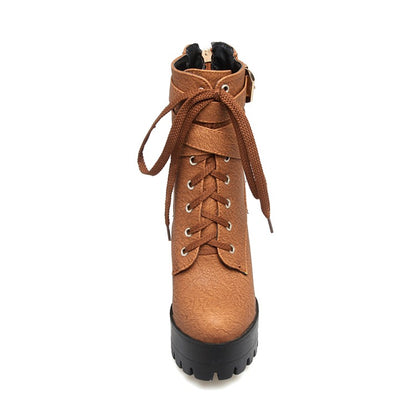 Women's Frosted Pu Leather Round Toe Tied Belts Buckles Block Heel Platform Short Boots