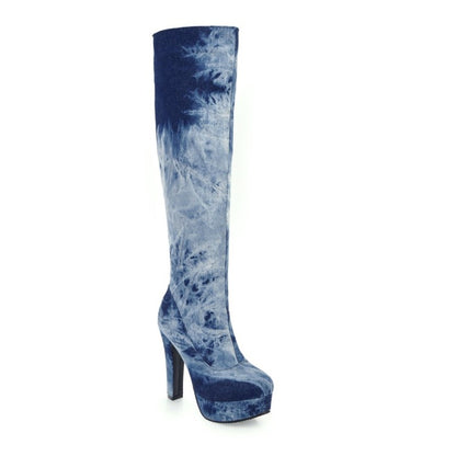 Women's Tie Dye Suede Side Zippers Chunky Heel Platform Knee High Boots