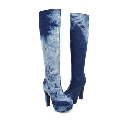 Women's Tie Dye Suede Side Zippers Chunky Heel Platform Knee High Boots