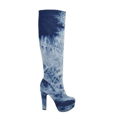 Women's Tie Dye Suede Side Zippers Chunky Heel Platform Knee High Boots