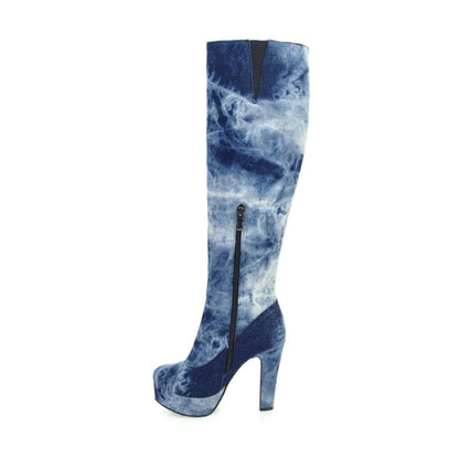 Women's Tie Dye Suede Side Zippers Chunky Heel Platform Knee High Boots