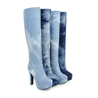 Women's Tie Dye Suede Side Zippers Chunky Heel Platform Knee High Boots