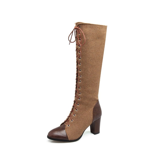 Women's Pu Leather Suede Patchwork Lace Up Block Heel Knee High Boots