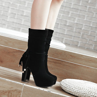 Women's Suede Round Toe Side Tied Belts Chunky Heel Platform Short Boots