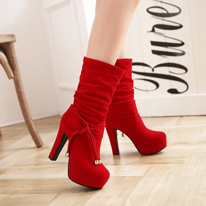 Women's Suede Round Toe Side Tied Belts Chunky Heel Platform Short Boots