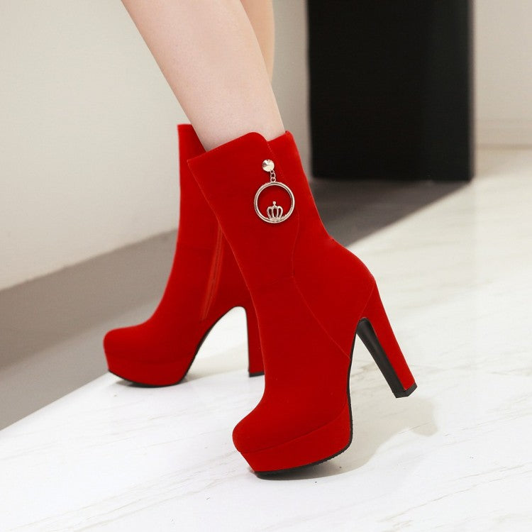 Women's Suede Metal Buckles Round Toe Platform Chunky Heel Short Boots