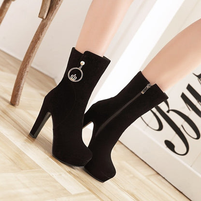 Women's Suede Metal Buckles Round Toe Platform Chunky Heel Short Boots