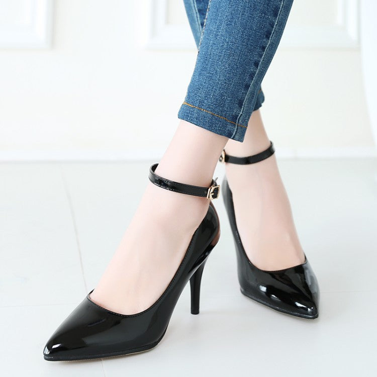 Women's Ankle Strap Pointed Toe High Heels Stiletto Pumps