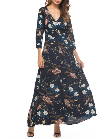 Floral Printed 3/4 Length Sleeve Long Woman Dress 4031