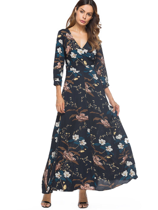 Floral Printed 3/4 Length Sleeve Long Woman Dress 4031