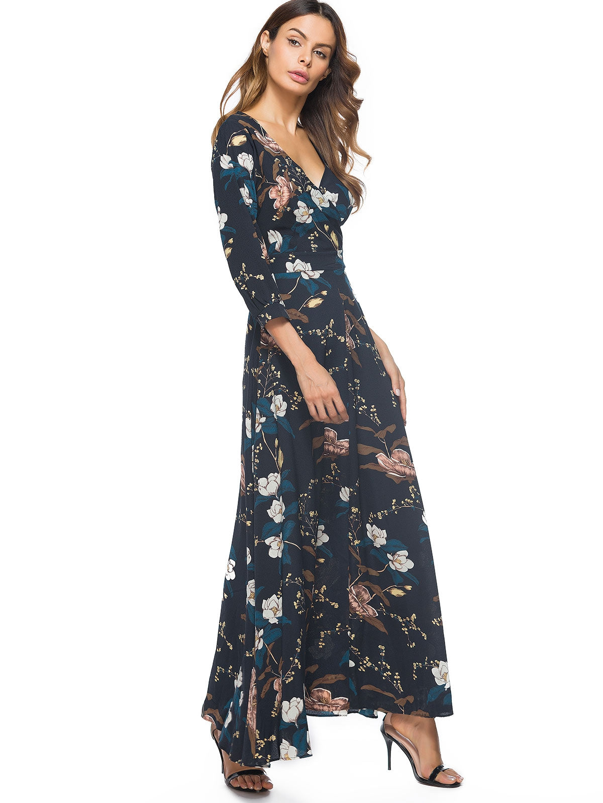 Floral Printed 3/4 Length Sleeve Long Woman Dress 4031