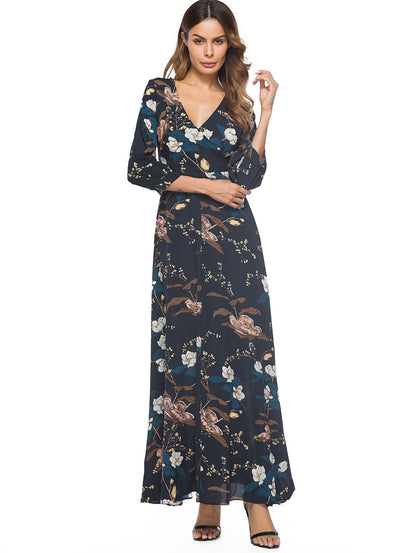 Floral Printed 3/4 Length Sleeve Long Woman Dress 4031