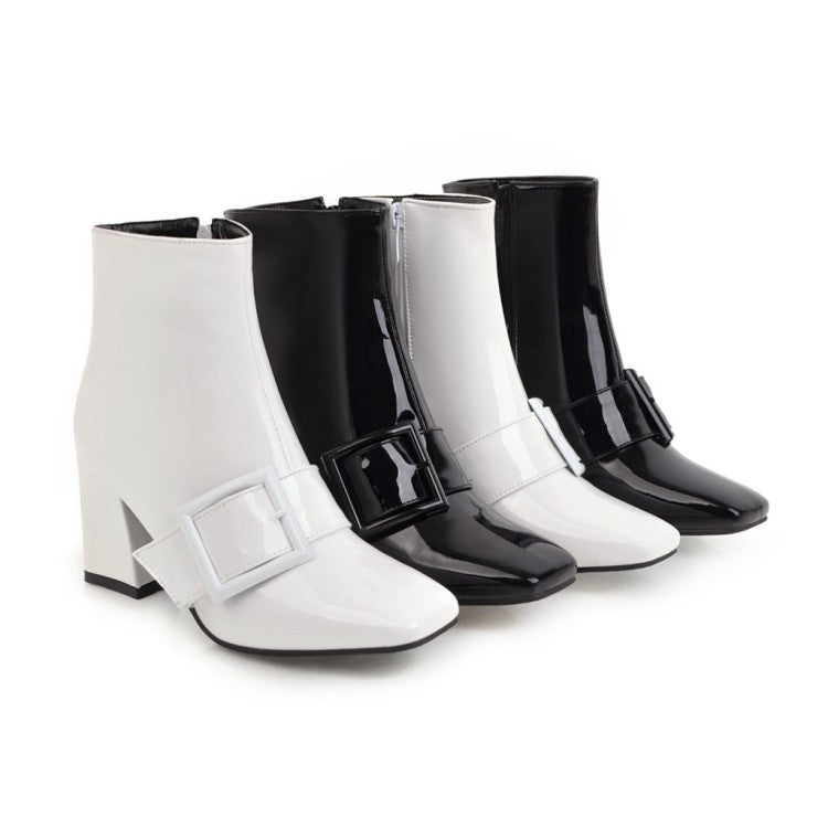 Women's Glossy Square Toe Belts Buckles Block Heel Side Zippers Short Boots