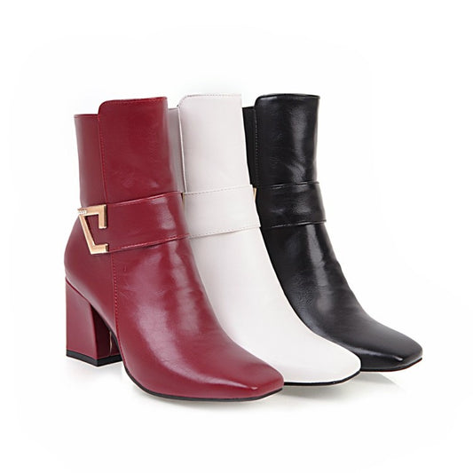 Women's Pu Leather Square Toe Belts Buckles Block Heel Short Boots