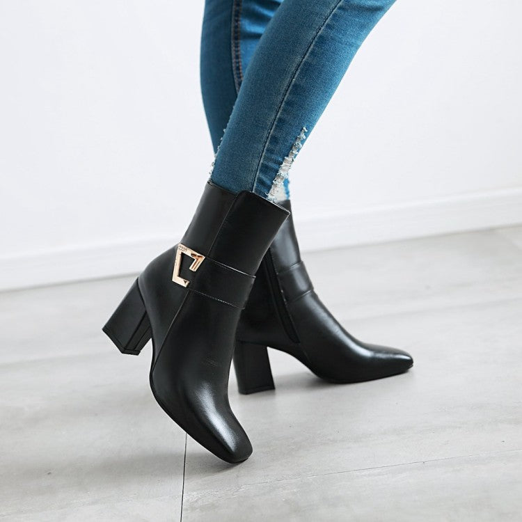 Women's Pu Leather Square Toe Belts Buckles Block Heel Short Boots