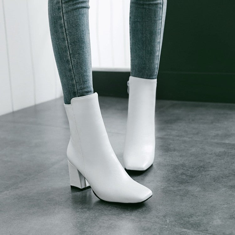 Women's Pu Leather Square Toe Zip Block Heel Short Boots