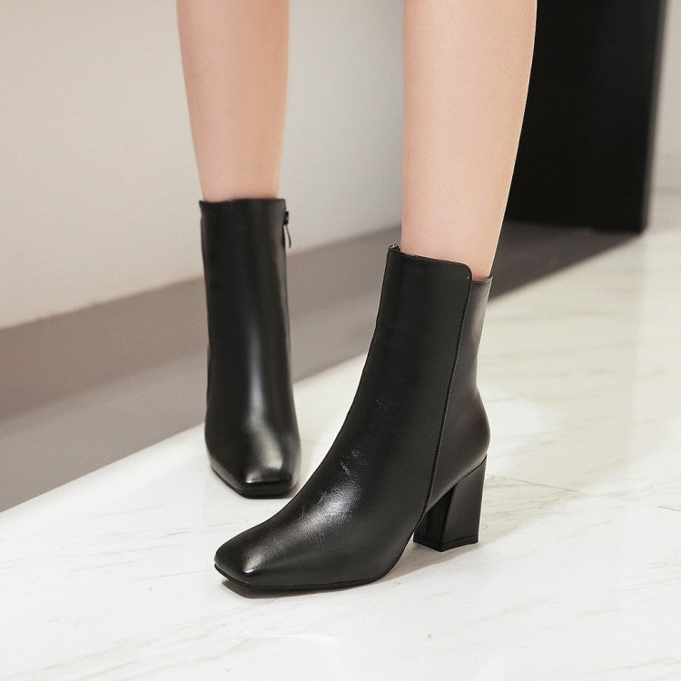 Women's Pu Leather Square Toe Zip Block Heel Short Boots