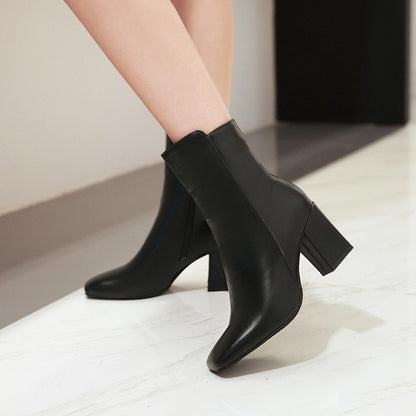 Women's Pu Leather Square Toe Zip Block Heel Short Boots