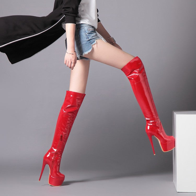 Women's Glossy Stitching Stiletto Heel Platform Over the Knee Boots