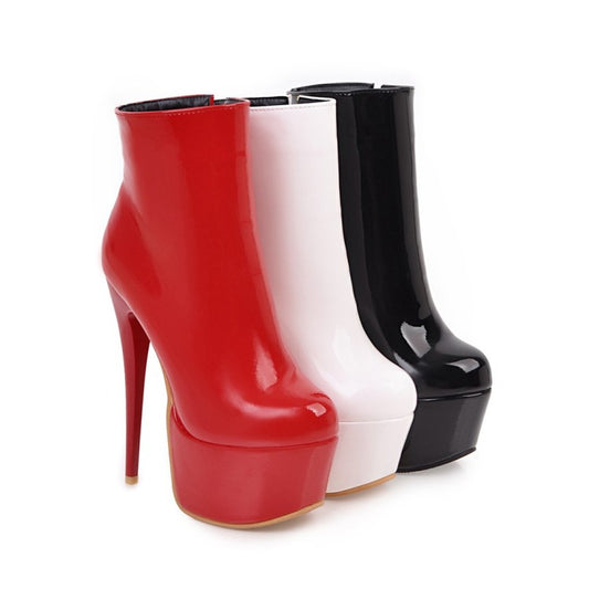 Women's Pu Leather Round Toe Side Zippers Stiletto Heel Platform Short Boots