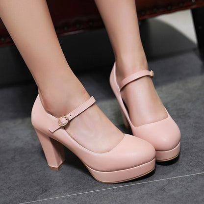 Women's Pu Leather Almond Toe Ankle Strap Block Heels High Heel Platform Pumps