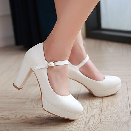 Women's Pu Leather Almond Toe Ankle Strap Block Heels High Heel Platform Pumps