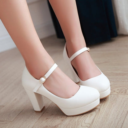 Women's Pu Leather Almond Toe Ankle Strap Block Heels High Heel Platform Pumps