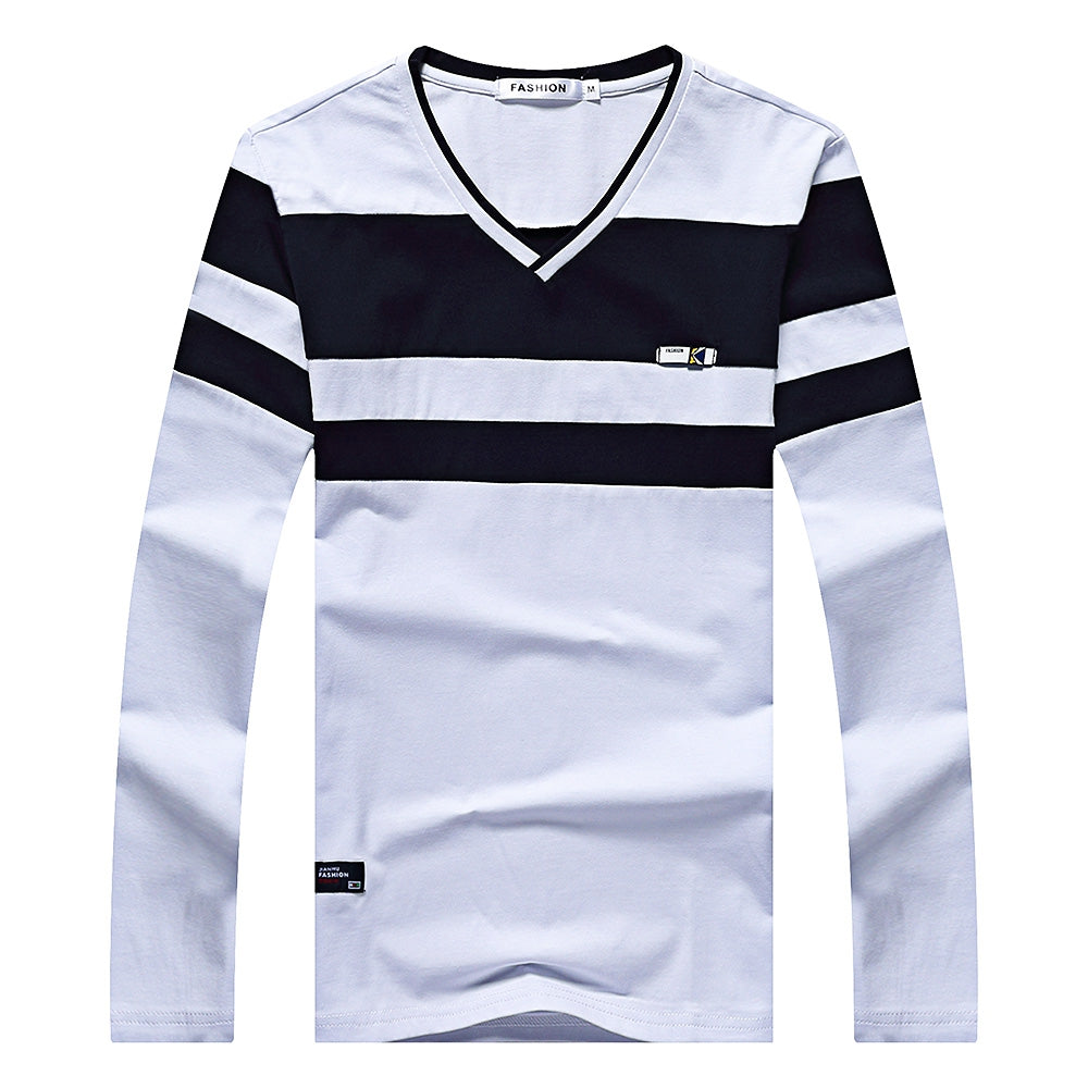 Fall Long Sleeved V Neck Stripe Cotton Blend T-shirt for Man 8592