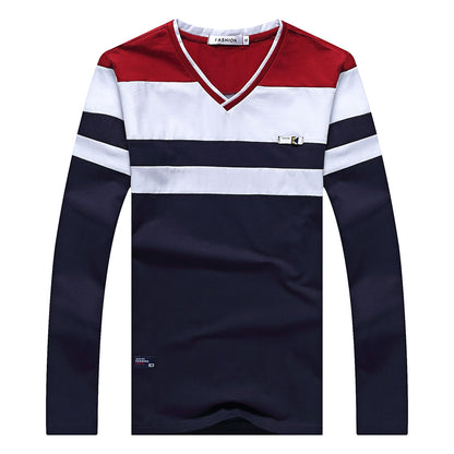 Fall Long Sleeved V Neck Stripe Cotton Blend T-shirt for Man 8592