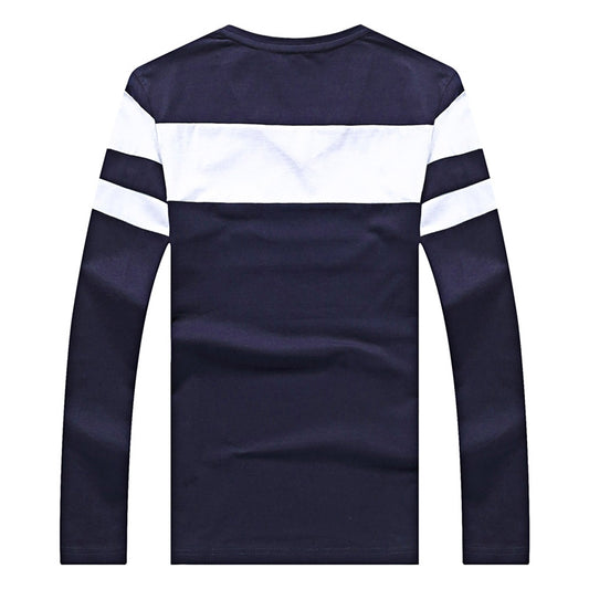 Fall Long Sleeved V Neck Stripe Cotton Blend T-shirt for Man 8592
