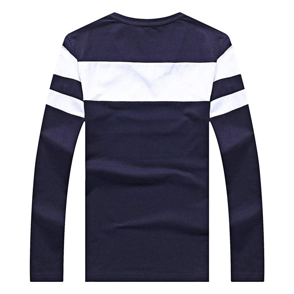 Fall Long Sleeved V Neck Stripe Cotton Blend T-shirt for Man 8592