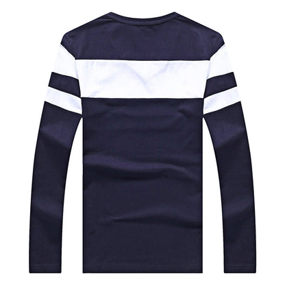 Fall Long Sleeved V Neck Stripe Cotton Blend T-shirt for Man 8592