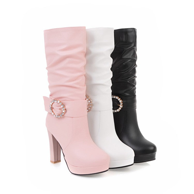 Women's Round Toe Rhinestone Belts Buckles Chunky Heel Platform Mid Calf Boots