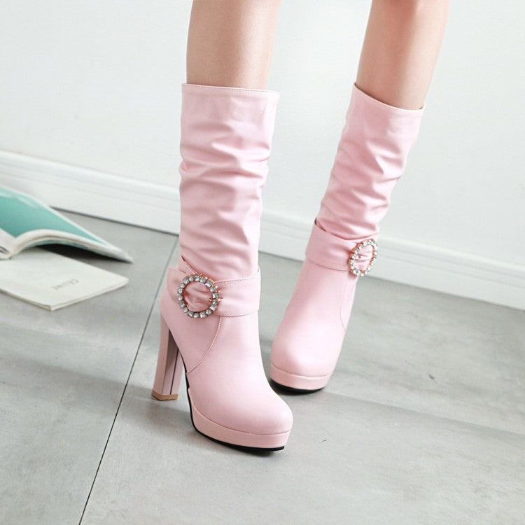 Women's Round Toe Rhinestone Belts Buckles Chunky Heel Platform Mid Calf Boots