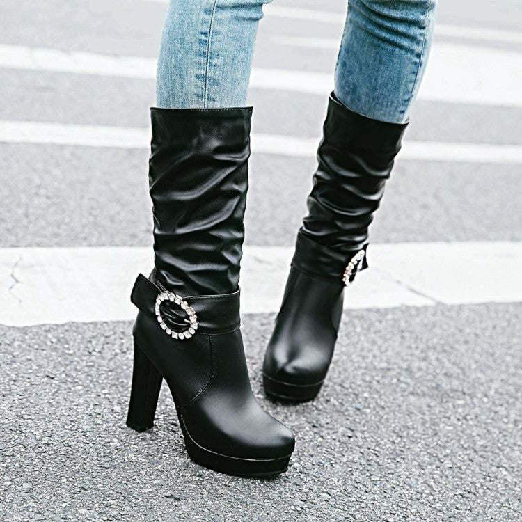 Women's Round Toe Rhinestone Belts Buckles Chunky Heel Platform Mid Calf Boots