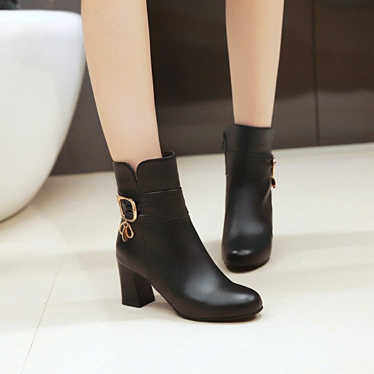Women's Pu Leather Round Toe Belts Buckles Block Heel Ankle Boots