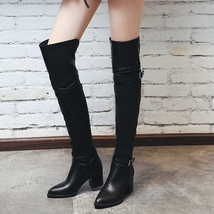 Women's Pu Leather Pointed Toe Belts Buckles Block Heel Knee High Boots