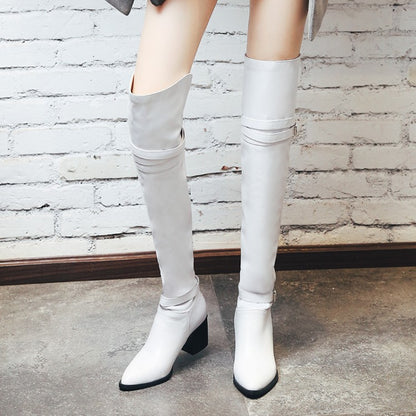 Women's Pu Leather Pointed Toe Belts Buckles Block Heel Knee High Boots