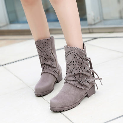 Women's Flock Tied Straps Cutout Puppy Heel Platform Short Boots