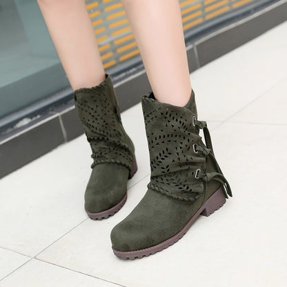 Women's Flock Tied Straps Cutout Puppy Heel Platform Short Boots