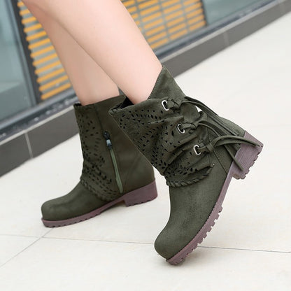 Women's Flock Tied Straps Cutout Puppy Heel Platform Short Boots