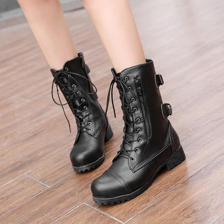 Women's Side Zippers Lace Up Block Chunky Heel Riding Short Boots
