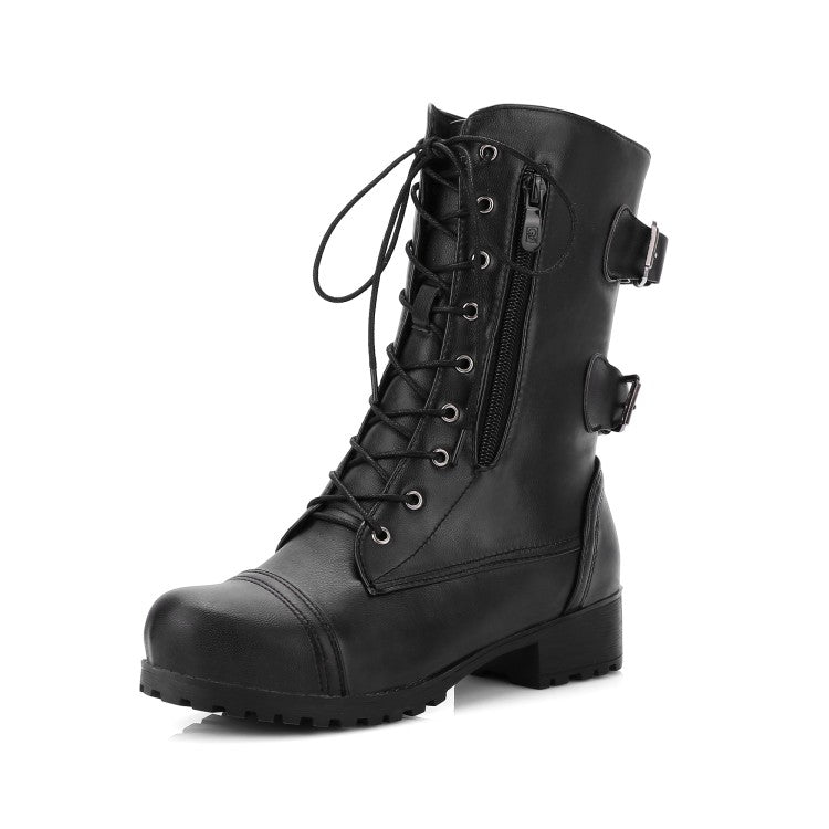 Women's Side Zippers Lace Up Block Chunky Heel Riding Short Boots