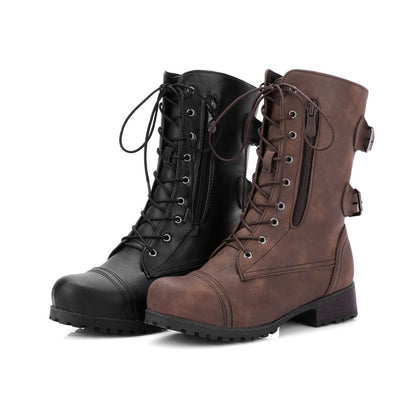 Women's Side Zippers Lace Up Block Chunky Heel Riding Short Boots