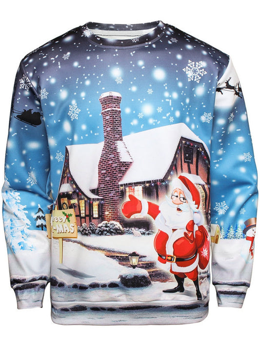 Snowflake Christmas Santa House Print Man Long Sleeve Sweatshirt 3489