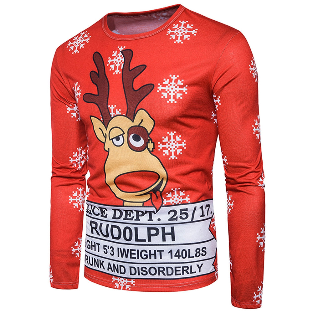 Crew Neck 3D Reindeer Graphic Print Christmas T-shirt 2576