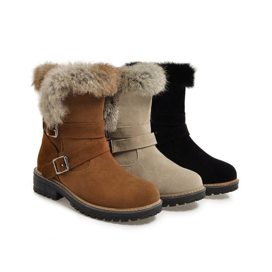 Women's  Buckle Belt Low Heel Short Snow Boots