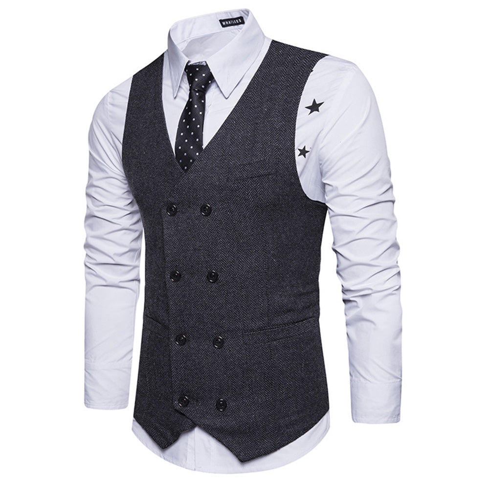 Men's V Neck Double Breasted Belt Design Waistcoat