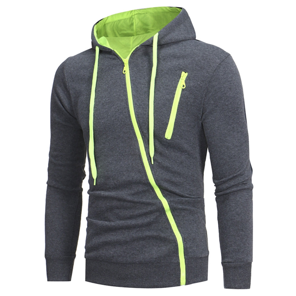 Men's Oblique Zippers Color Block Fleece Drawstring Hoodie