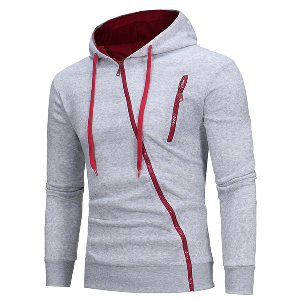 Men's Oblique Zippers Color Block Fleece Drawstring Hoodie